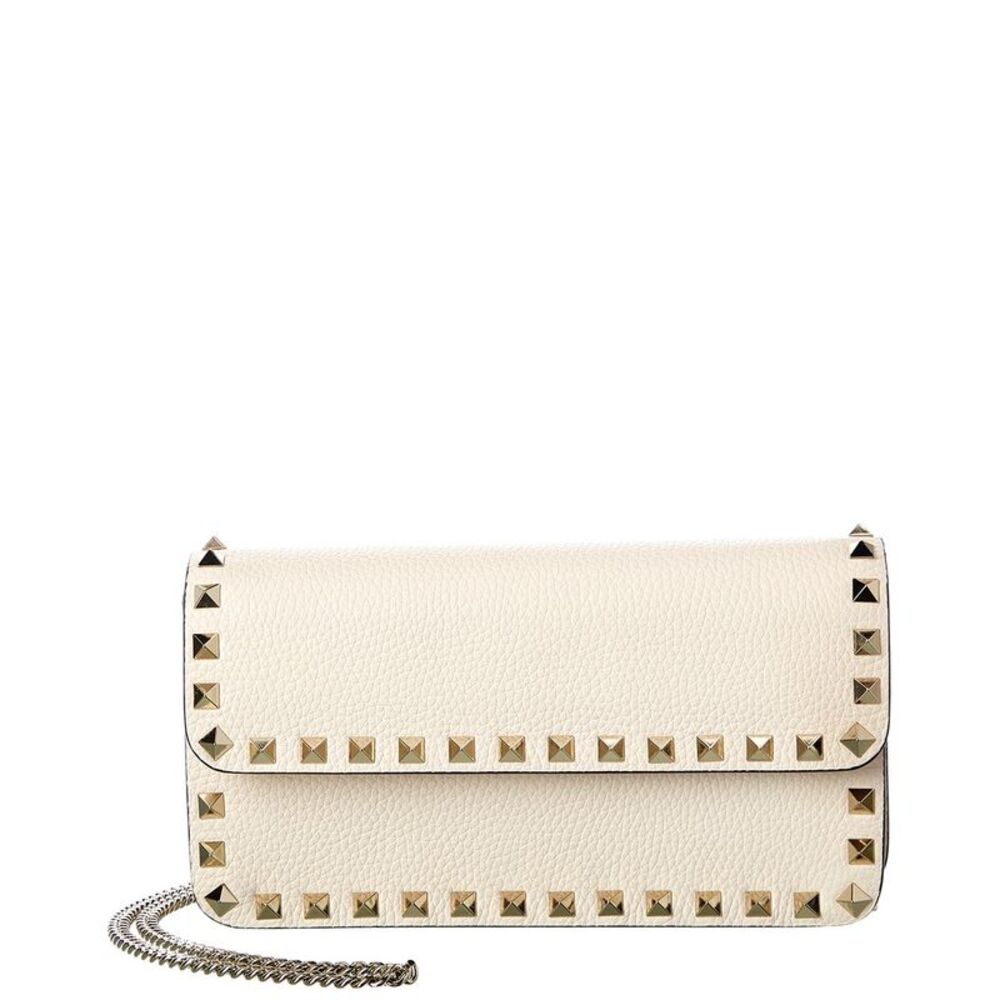 Valentino Rockstud Grainy Leather Wallet On Chain, White